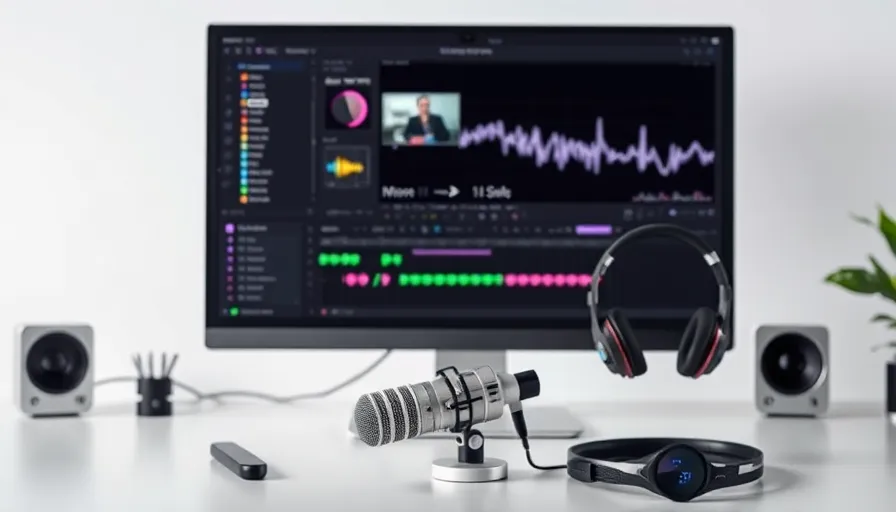 a modern workspace with a sleek computer screen displaying audio and video editing software in the background abstract sound waves d9c5ae44 b0ce 4c2f 83d8 570a9f879da2